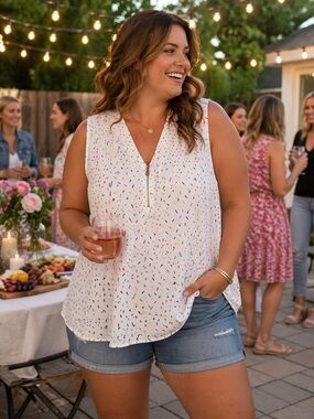 In Every Story White Sleeveless Blouse Womens 2X Plus Size Zip Front  Summer Top